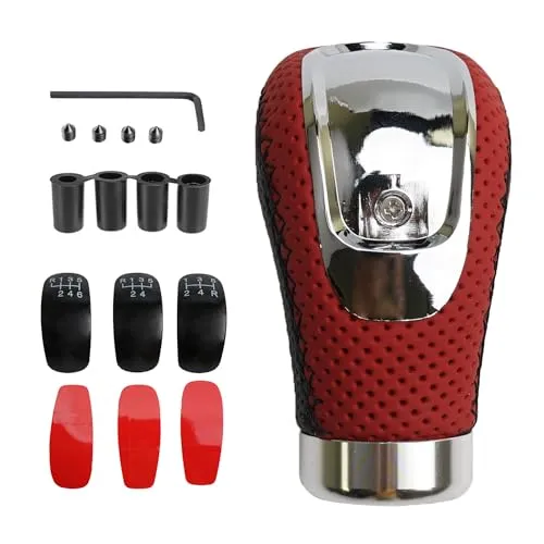Letgoing Schaltknauf 5/6 Gänge Universal Premium-Leder-Schaltknauf Handschweiß absorbieren mit 4 Adaptern 8 mm/10 mm/11 mm/12 mm für Schaltwagen mit 5/6 Gängen (schwarz und rot)