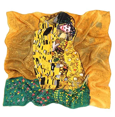 Prettystern Damen 90cm quadratisch großes Seidentuch Kunstdruck von Malerei Gustav Klimt - Der Kuss/Braun P582