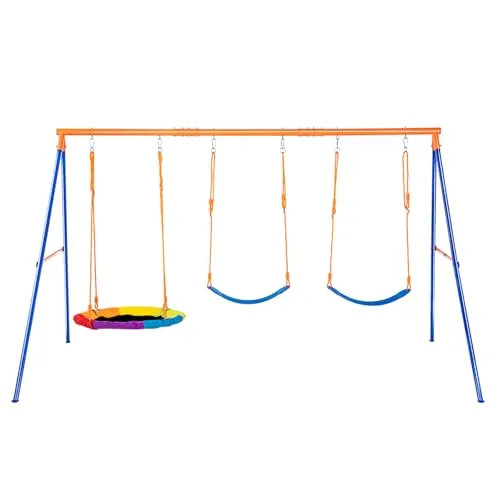 VEVOR Schaukel-Sets für den Garten, Schaukel-Set mit Einer Tragkraft von 272 kg, mit 1 Tellerschaukelsitz, 2 Schaukelsitzen mit Gurten, robustem A-Rahmen-Schaukelständer aus Metall