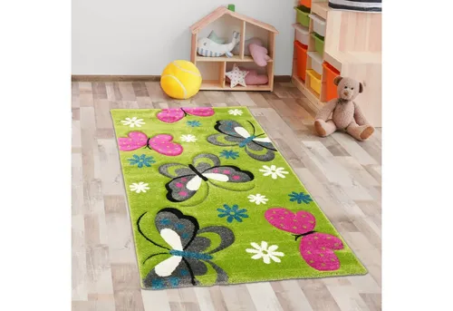 Carpetia Kinderteppich Bunt Kinderzimmer-Teppich mit Schmetterling-Design in grün, rechteckig, Höhe: 13 mm