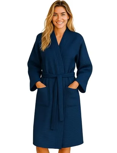 Morgenstern Bademantel Damen Leicht 100% Baumwolle Waffelstoff Waffelpique Waffelmuster Paula Oeko Tex Standard Marineblau XL