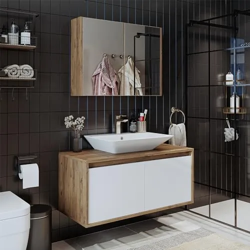 ROOMART • Badmöbel Set • Atlantic • 3-teilig • Keramik Waschbecken mit Unterschrank 65 cm, 85 cm, 100 cm, Spiegelschrank 80 cm (Weiß - Eiche, 100 cm)