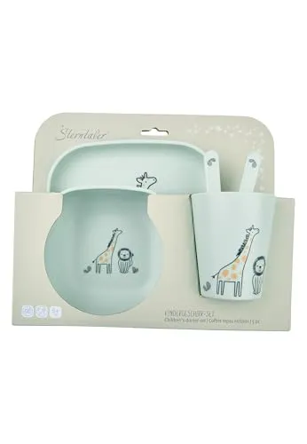 Sterntaler Geschirrset Giraffe & Löwe – Eckige Form mit Safari Motiv – Teller, Schale, Becher & Besteck, langlebig, lebensmittelecht - Für Babys & Kleinkinder - Geschenk-Set, blassgrün