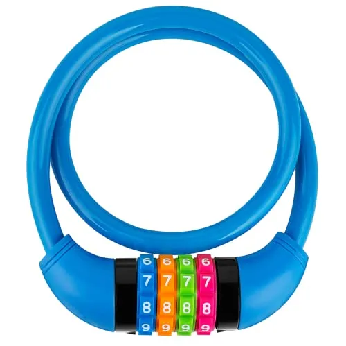 GOLDPOOL Fahrradschloss Kinder, Farbenfroh Zahlenschloss Fahrrad, Fahrradschloss mit Zahlen, 650X∅11 mm, Kabel Schloss Code Kombination, Blau Kinderfahrradschloss 4-Stellige Rücksetzbare Kombination