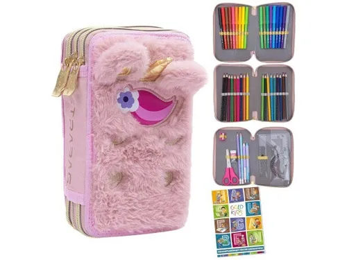 Goldkids Federmäppchen 3 Fächer - Fluffy Unicorn - Federmäppchen für Mädchen mit 3 Fächern, inklusive hochwertigem Zubehör. Robuste Verarbeitung und bezauberndes Design fördern Kreativität und Ordnung im Schulalltag.