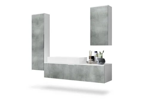 Vladon Badmöbel-Set Beach – 4-teiliges Badezimmer-Set mit Waschbecken - Elegantes Badmöbel-Set in Beton Dunkel Optik und Weiß matt, inklusive 2 Hochschränken und 1 Unterschrank. Ideal für eine moderne Badezimmergestaltung mit einfacher Selbstmontage.