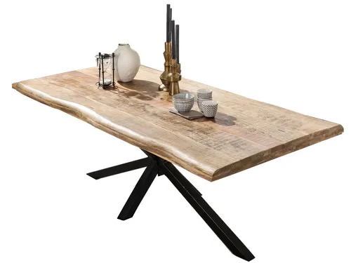 TPFLiving Baumkantentisch Nestos - Platte Mango, Gestell Metall (mit Baumkante wie gewachsen - Platte natur, Gestell antikschwarz, Baumkantentisch - Desinger Tisch Luxus - Esstisch massiv), Plattenstärke 56 mm - Baumkantentisch 180x90cm