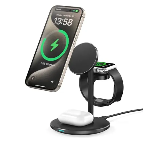 15W Mag-Safe Ladestation für iPhone 15 14,3 in 1 induktive Ladestation für mehrere Geräte,Mag-Safe Ladegerät für iWatch Ultra 2/1/Series 9,AirPods,Black