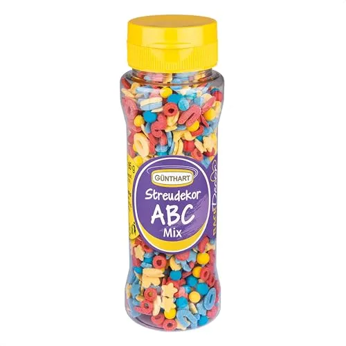 Günthart BackDecor Zuckerstreusel Streudekor ABC Mix, in den knalligen Farben blau, gelb und rot, passend zum Schulanfang oder für einen Kindergeburtstag, 1er Pack (1 x 95 g)