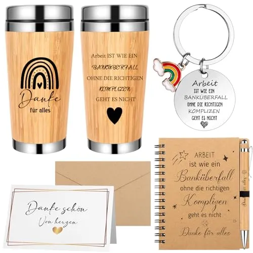 HAOWANWW Abschiedsgeschenk für Kollegen Holz Optik Edelstahl Thermosbecher Kaffeebecher Notizbuch Inspirierenden Schlüsselanhänger,Dankeskarten mit Umschläge Dankeschön für Alles Geschenk