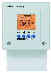 Theben TR 636 top2 Digitale Zeitschaltuhr, 2 Kanäle - Digitaler Zeitschalter mit 2 Kanälen, ideal für individuelle Zeitsteuerung von Geräten. Inklusive praktischer Sommer-/Winterzeitumstellung und Speicherkarte für einfache Programmierung.