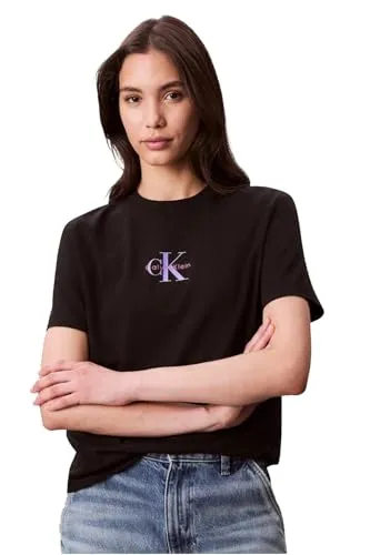 Calvin Klein Damen T-Shirt Kurzarm Classic Logo Tee aus Baumwolle, Schwarz (Black), L