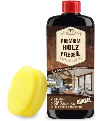 Möbelpolitur Holz dunkel zur Holzpflege + Schwamm | Holz Öl dunkel schützt & pflegt als Holzpflege Öl & Holzpolitur | Premium Möbel Öl als Möbelpflege Holz für innen & außen | URBAN FOREST