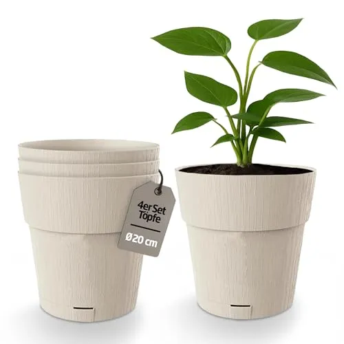 Kigima Blumentopf Pflanzentopf Blumenkübel 4er-Pack Selbstbewässerung Wasserspeicher 100% recycelter Kunststoff rund 20 cm beige