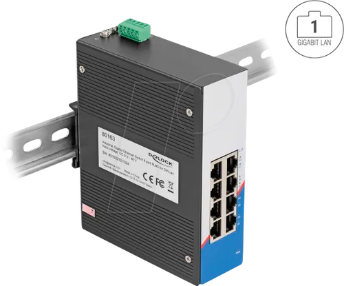 DELOCK 80163 - 8-Port Industrie Gigabit Ethernet Switch für Hutschiene - Robuster Netzwerk-Switch mit redundanter Spannungsversorgung, ideal für Anwendungen mit hoher Verfügbarkeit. Unterstützt bis zu 1 Gbps Datentransfer und ist für extreme Umgebungen geeignet.