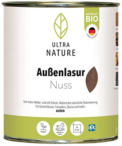 ULTRA NATURE Außen Lasur, 0,75L, Nuss, Vegan, Natürlich Bio, Lösemittelfrei, Holzschutzlasur