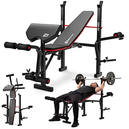 Hop-Sport Hantelbank klappbar, verstellbare Fitnessbank mit Beinstrecker, Butterfly, Curlpult & Langhantelablage, Krafttrainingsgerät für Zuhause, 240 kg Max. Belastbarkeit der Hantelbank