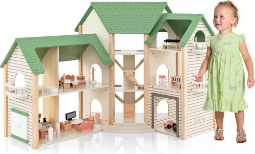 GOPLUS Puppenhaus aus Holz, Dollhouse mit 36-teiligem Zubehör, Traumhaus mit 6 Zimmern, Model 1, Grün