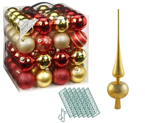 JACK 64x Kunststoff Christbaumkugeln Ø 6cm + Spitze 28cm inkl. Aufhänger Dekor Kugeln Set Weiß Rot Gold Grün Blau Silber, Farbe:Red-Gold-Mix