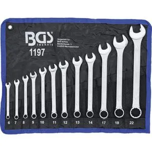 BGS-technic Maulschlüssel 1197 - 12-teiliges Maul-Ringschlüssel Set 6-22mm - Werkzeug-Set mit 12 Maul-Ringschlüsseln, warm geschmiedet und verchromt. Ideal für präzise Arbeiten, inklusive praktischer Rolltasche für einfache Aufbewahrung.