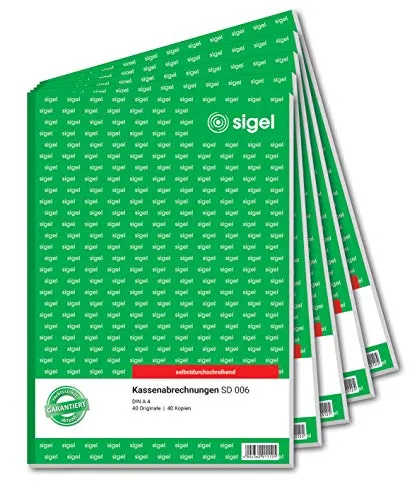 SIGEL SD006/5 Kassenabrechnungen A4 - 5er Pack, selbstdurchschreibend - Quittungsblöcke aus nachhaltigem Papier, ideal für professionelle Kassenabrechnungen. Mit Abheftlochung und Microperforation für sauberes Abtrennen, FSC-zertifiziert und Made in Germany.