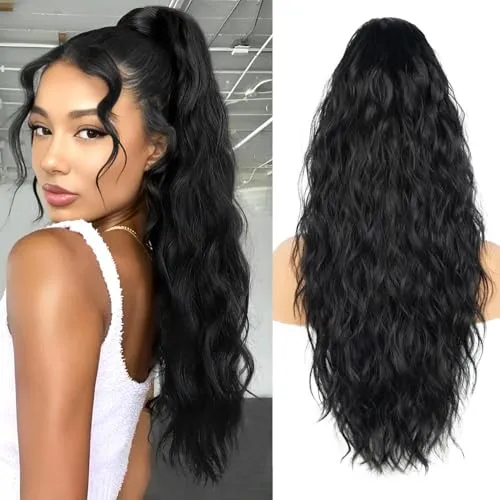 Haarverlängerung, Echthaar, 66 cm, Pferdeschwanz, lange Verlängerung, Ponytail, Naturhaar, gewellt, Pferdeschwanz mit Kordel, Verlängerung aus synthetischem Pferdeschwanz (Farbe: 1B#)
