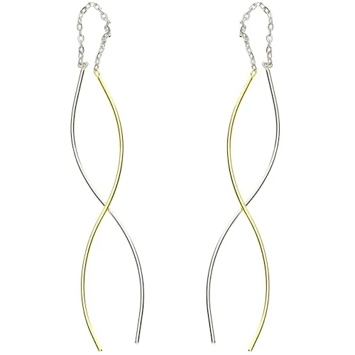 LÖB 925 Silber Durchzieher Gold Ohrringe Hängend Spirale Minimalistisch, Damen Bicolor Ohrhänger Vergoldet zum Durchziehen Einfädler Modern