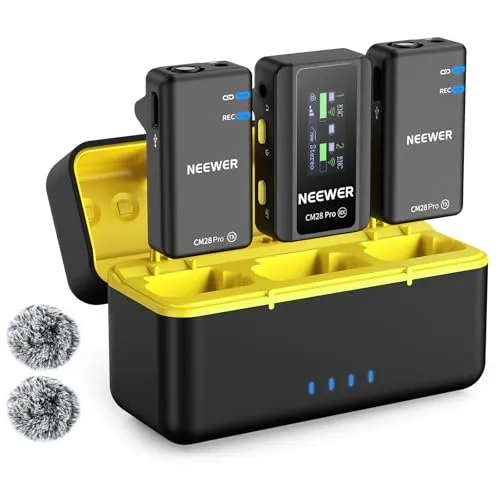 NEEWER CM28 PRO Drahtloses Lavalier Ansteckmikrofon System mit Ladekoffer 48KHz 16 Bit Unkomprimiertes Audio Rauschunterdrückung 4GB Speicher 9Std Aufnahme Kompatibel mit iPhone iPad Android Kamera PC
