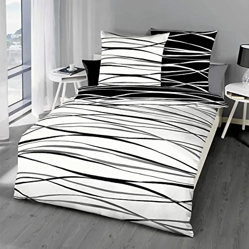 G Bettwarenshop Biber Bettwäsche Motion schwarz 155x220 cm - Bettwäsche-Sets: Kuschelig weiche Biber Bettwäsche für den Winter, temperaturausgleichend und hautsympathisch – ideal für warme Nächte.