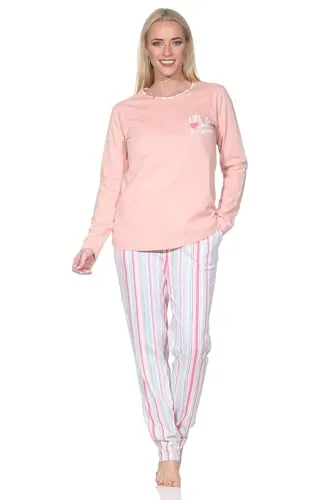 Normann Damen Schlafanzug lang Pyjama in edler Streifenoptik - Übergrößen verfügbar, Farbe: apricot, Größe: 40-42 - KOMFORTABLE NACHTWÄSCHE: Langarm Schlafanzug in stilvoller Streifenoptik, ideal für entspannte Nächte oder gemütliche Tage. Erhältlich in Übergrößen für optimalen Tragekomfort. Qualität von Normann, seit 1903 für besten Schlaf.