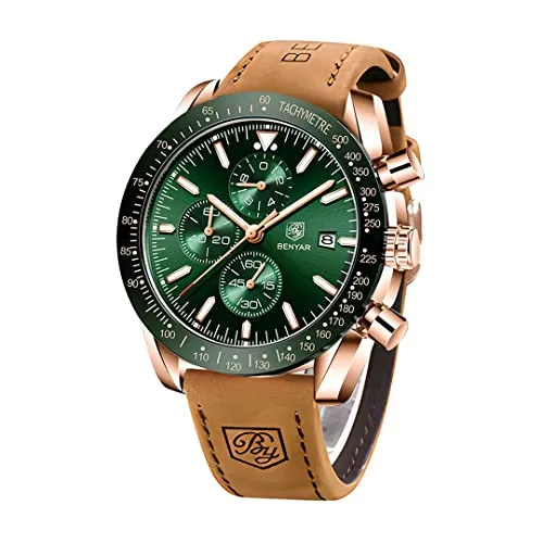 BENYAR Herrenuhr Quarz Sport Chronograph Mode Marken Business Uhr Herren Braun Lederuhr Wasserdicht Kratzfest Analog Automatik Datum Elegantes Geschenk Armbanduhr（golden grün）