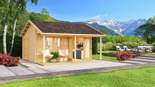 Fjordholz Ferien- und Freizeithaus Modell Lerum 70 - Massives Ferienhaus aus 70mm starken Wandbohlen, ideal für Garten und Freizeit. Mit isolierten Fenstern und Türen sorgt es für hohen Komfort und Langlebigkeit. Individuelle Anpassungen möglich!