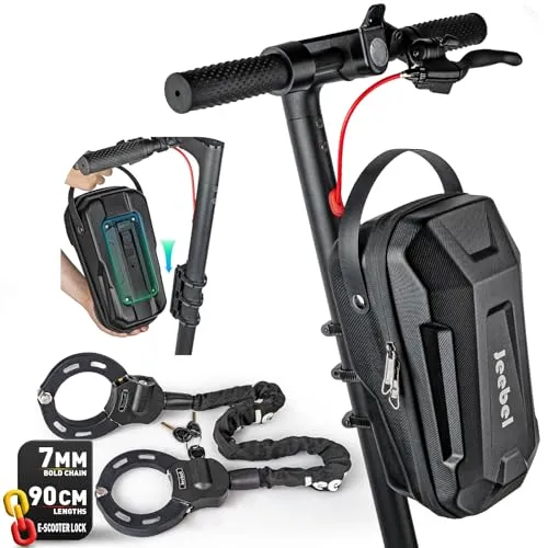 Jeebel 3/4/5L E Scooter Tasche & 90cm 7mm Handschellenschloss, Große Kapazität Lenkertasche mit Schnellverschluss-Montage, Fahrrad Schloss mit Schlüssel, Für Elektroroller, Fahrrad（4,5 L + Schloss）
