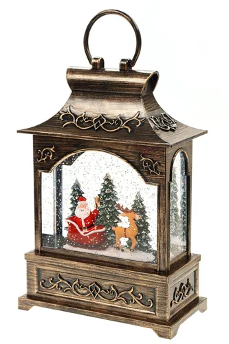 Schneekugel Laterne Weihnachtsmann & Schlitten Musik Licht Glitzerantrieb H:25cm