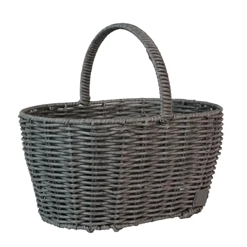 Einkaufskorb Kunststoff oval Mittel grau mit Griff - Stilvoller Einkaufskorb im klassischen Rattan-Look, langlebig und wetterfest. Ideal für Einkäufe, Picknicks oder als dekoratives Element. Bequem zu tragen dank stabiler Henkel.