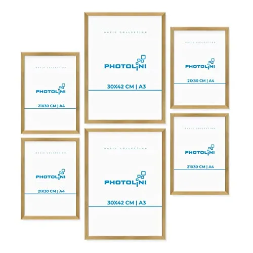 PHOTOLINI goldene Bilderrahmen Set verschiedene Größen, 6 Bilderrahmen Holz MDF gold, Bilder Rahmen mit Acrylglas, No.7 Bilderrahmenset zum Aufhängen, Fotorahmen Set mit Zubehör für Fotos & Poster
