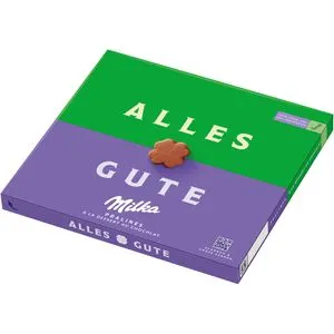 Milka Pralinen Alles Gute, 110g, 20 Stück - Schokoladen-Geschenkideen mit 20 kleeblattförmigen Pralinen in Alpenmilch-Schokolade, ideal für kleine Gesten und ohne Alkohol.