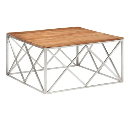 furnicato Couchtisch Silber 100x100 cm mit Echtholzplatte - Moderner Couchtisch mit robuster Echtholzplatte und stabilen Edelstahlgestell. Ideal für jedes Zimmer und leicht zu reinigen. Perfekt für Snacks, Getränke und Dekoration.