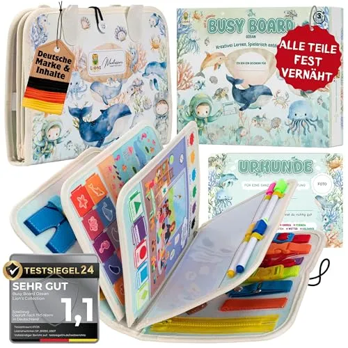 Lions Collection Lernspielzeug Busy Board Deutsch - Farblernspielzeug zur Förderung von Motorik und Kreativität, ideal für Kinder ab 1 Jahr - Montessori inspiriertes Activity Board für spielerisches Lernen.