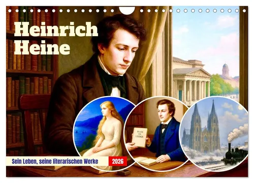 Heinrich Heine Wandkalender 2026 - Kalender für 2026 im DIN A4 Querformat, der das Leben und die Werke des berühmten Dichters Heinrich Heine thematisiert. Ideal für Literaturfreunde und als stilvolle Wanddekoration.