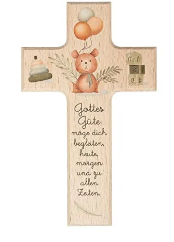 Praisent Kreuz aus Holz für Kinder mit Spruch | Taufgeschenk Kinderkreuz Geschenke zur Taufe, mehrfarbig, 9 x 15 cm