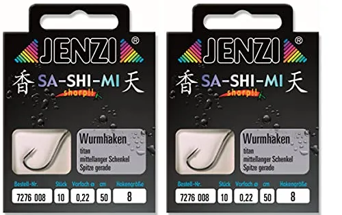 Set # 2 Packungen (20 Stück) Wurmhaken von Jenzi, fertig gebunden, Hakengrößen 2 4 5 6 8 10 12 14, 50 cm +gratis Petri Heil! Aufkleber (Hakengröße 8)