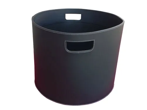 Holzkorb Ørskov Lederkorb rund schwarz Tragekorb Kaminholz Korb Orskov Naht weiß