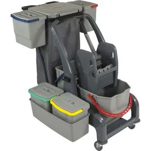Sprintus Reinigungswagen CombiX PRO mit Presse - Reinigungswagen mit 6 Eimern (25L, 18L, 4x6L) und Müllsackständer. Effiziente Presse für müheloses Auspressen und gummierte Lenkrollen für leichten Transport.