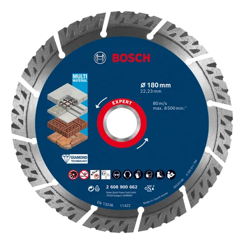 Bosch EXPERT MultiMaterial Diamanttrennscheibe 180mm - Diamant-Trennscheibe mit 4-mal längerer Lebensdauer, ideal für Bauprofis zum Schneiden von Beton, Ziegel und Stahlbeton.