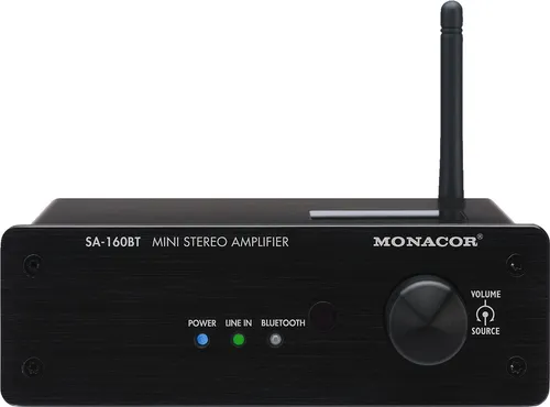 Monacor SA-160BT Stereo-Verstärker 2 x 60W - Kompakter Hi-Fi-Audioverstärker mit 2 x 60W, Bluetooth und NFC für kabellosen Musikgenuss. Ideal für Lautsprecher mit 8 Ω und ausgestattet mit Fernbedienung und LED-Anzeige.