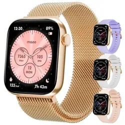 Maoo ProWatch, AMOLED Smartwatch, Roségold, Damen und Herren, Milanese-Armband, 3 Silikonarmbänder, Schrittzähler, Herzfrequenz, Roségold - Rosa/Gold