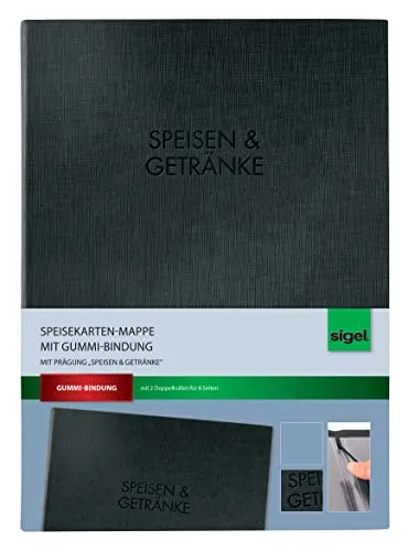 SIGEL SM111 Speisekarten-Mappe mit Gummi-Bindung für A4, schwarz mit eleganter Leinenstruktur und edler Blindprägung 