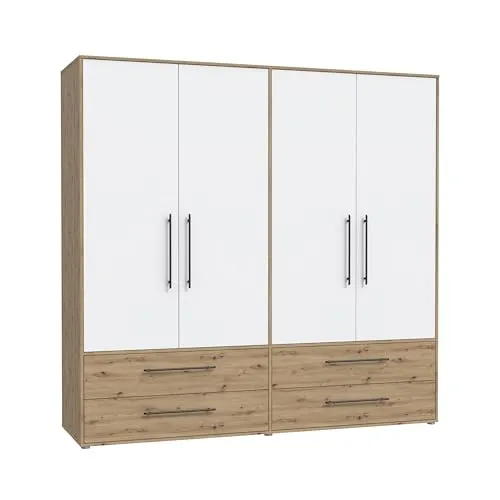 FORTE Jupiter Schrank 200 210 - 4-türiger Kleiderschrank in Weiß mit Holz Dekor, bietet viel Stauraum und eine pflegeleichte Oberfläche, ideal für ein aufgeräumtes Schlafzimmer oder Flur.