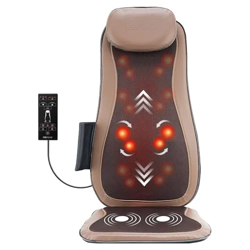 NEVVUE Massagesitzauflage, Massagegerät Rücken, Rückenmassagegerät | mit Wärme- und Vibrationsdoppelwirkung, Timer und Handsteuerung, 3 Intensitäten, für Nacken, Rücken, Schultern